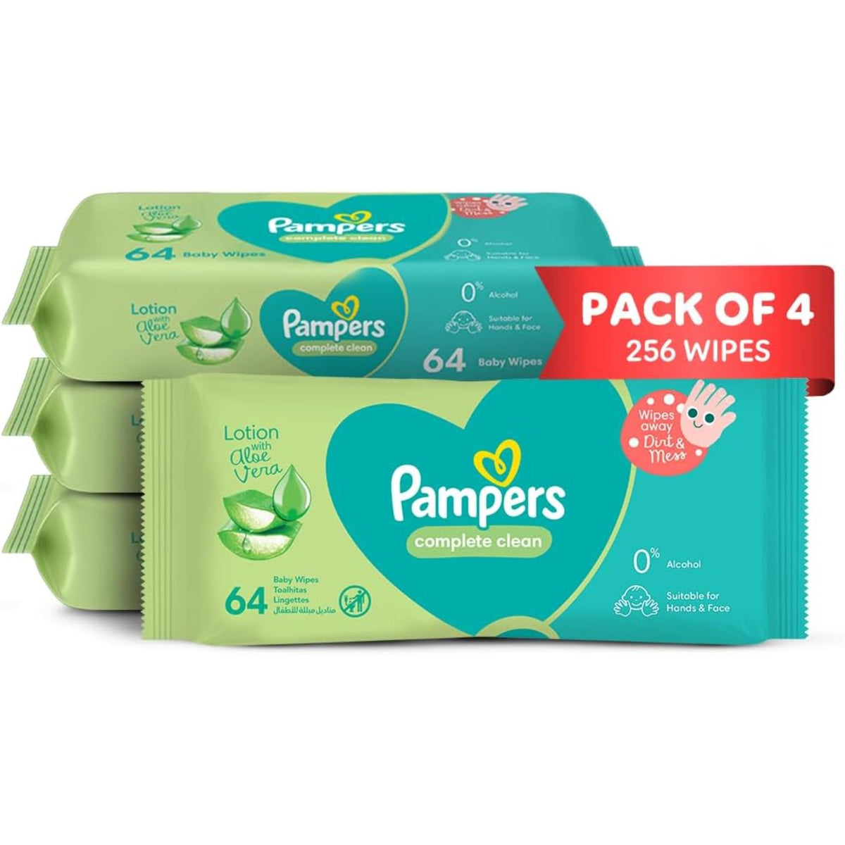 Pampers Complete Clean Baby Wipes, with Aloe Vera Lotion, 4 Packs, 256 Wipe Count