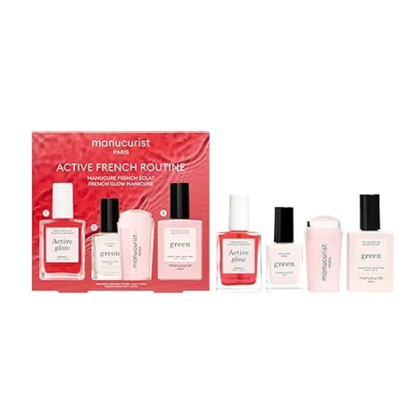 Manucurist Active French Manicure Routine Set Includes 1 Active Glow Raspberry, 1 Green Nail Polish Crème Travel Size, 1 Mani Stamper, and 1 Sunshine Top Coat Nail Care Polish Set