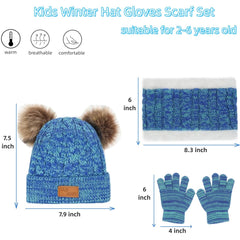 Kids Winter Hat Gloves Scarf Set for 2-6 Years Old - Warm Knit Pompom Beanie Cap Neck Warmer Gloves, Winter Warm Knitted Beanie Hat Scarf Gloves Set, Pure Plush - Blue