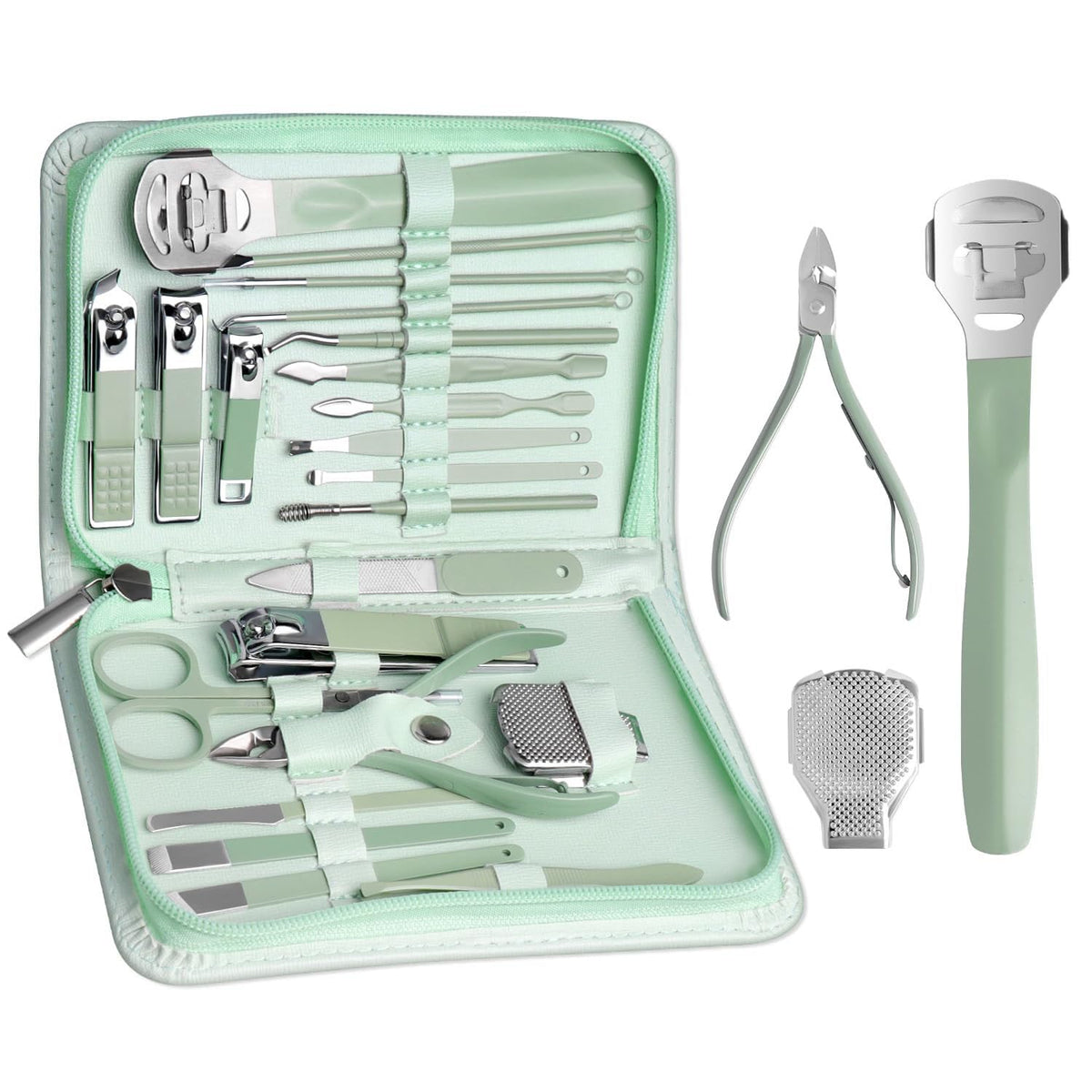 Khazna Professional Manicure Set Pedicure Tools Set Nail Grooming Kit for Women Mens, 22 in 1 Nail Manicure Kit Foot Hand Care Kit Nail Clipper Set - Matcha Green