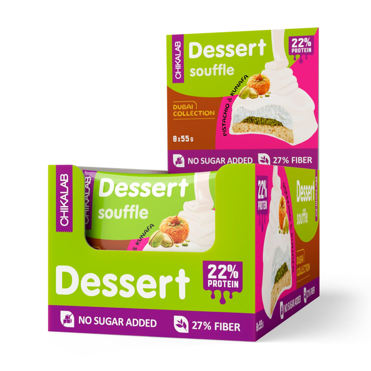 Chikalab Protein Cookie Dessert Souffle Pistachio & Kunafa Dubai Collection No Sugar Added - 55g (Pack of 8)