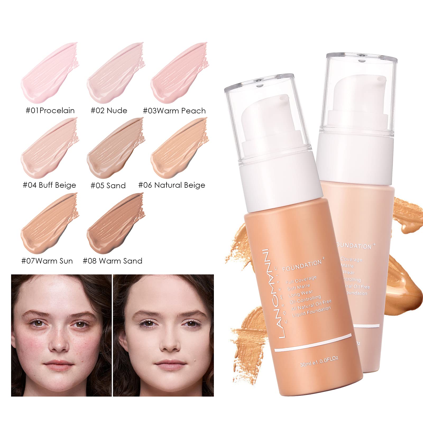 100ml Foundation Liquid Full Coverage 24HR Matte Oil Control Concealer with Makeup Face Primer&Petal-Shaped Cosmetics Brush&Makeup Sponge Blender Set (#6 Natural Beige) Liquid Foundation Set