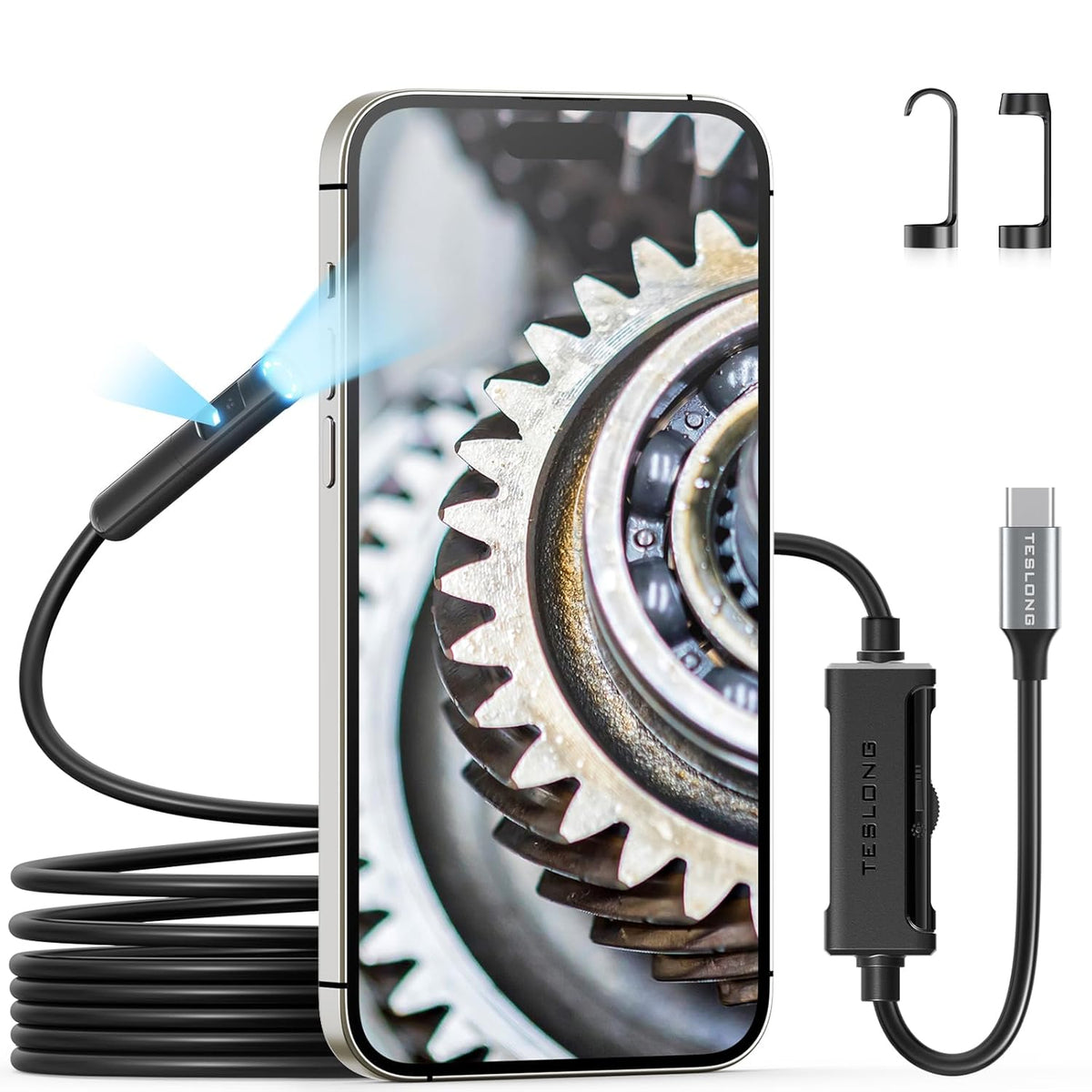 Teslong USB-C Endoscope Camera 1080P HD Dual Lens - Flexible Snake Borescope with 9 LEDs, Waterproof Inspection Cam for iPhone 15, Android
