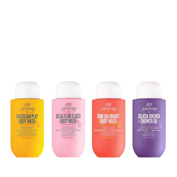 SOL DE JANEIRO Scent Your Shower Travel Size Quad | Benefit Packed Body Wash Discovery Set | Brazilian Play, Beija Flor, Bom Dia, Delicia Drench | 3 fl oz