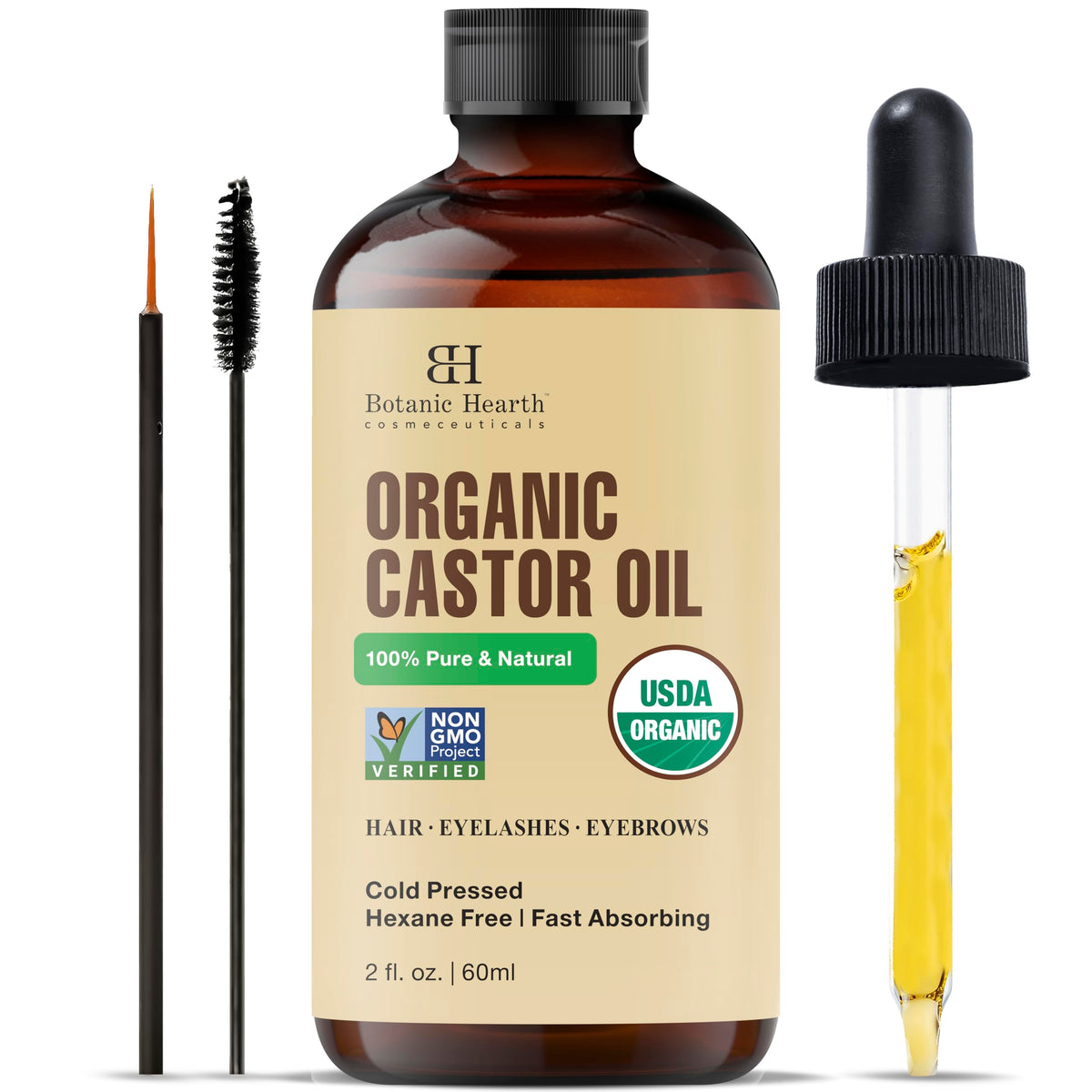 Botanic Hearth Castor Oil | 60 ml | USDA Certified Organic |100% Pure & Hexane Free | Cold Pressed | Growth for Eyelashes, Eyebrows, Hair | With Eyebrow & Eyelash Brush