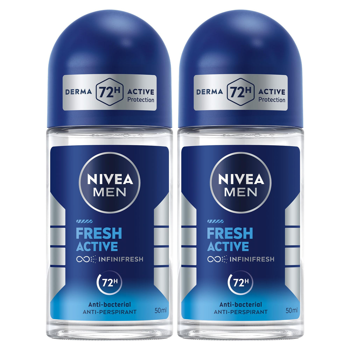 NIVEA MEN Antiperspirant Roll-on for Men, Fresh Active Fresh Scent, 2x50ml