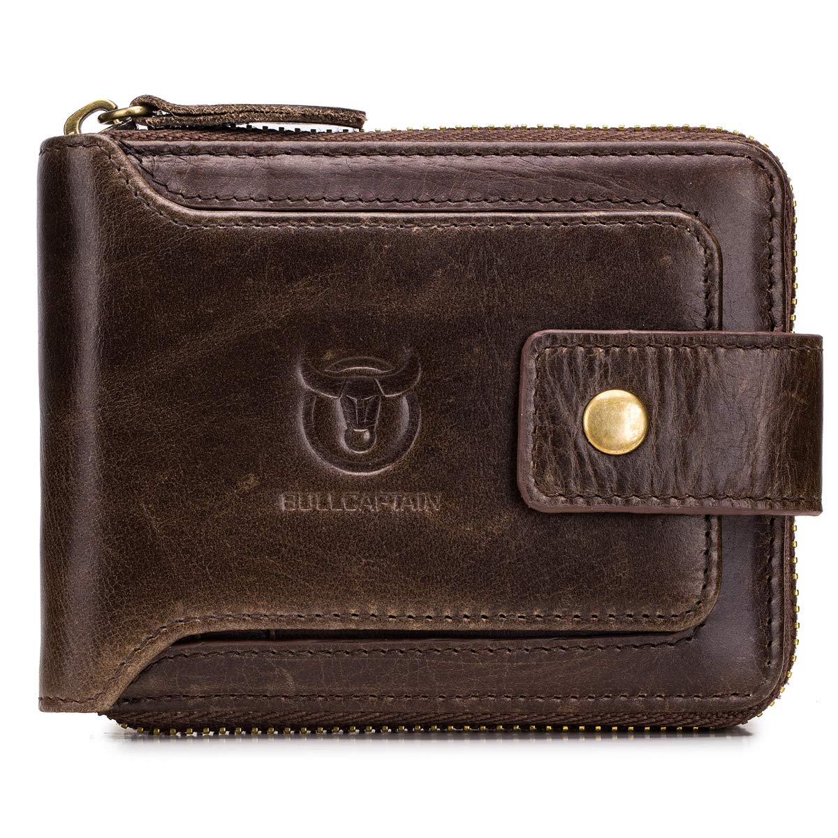 BULLCAPTAIN Genuine Leather RFID Wallet for Men Large Capacity ID Window Card Case with Zip Coin Pocket QB-231, Coffee, S, Minimalist