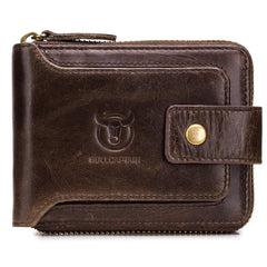 BULLCAPTAIN Genuine Leather RFID Wallet for Men Large Capacity ID Window Card Case with Zip Coin Pocket QB-231, Coffee, S, Minimalist
