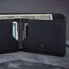 Vaultskin MANHATTAN Slim RFID Blocking Bifold Leather Wallet for Men - Minimalist Front Pocket Card Holder, Holds 9 Cards & Cash, Premium Italian Leather - Black