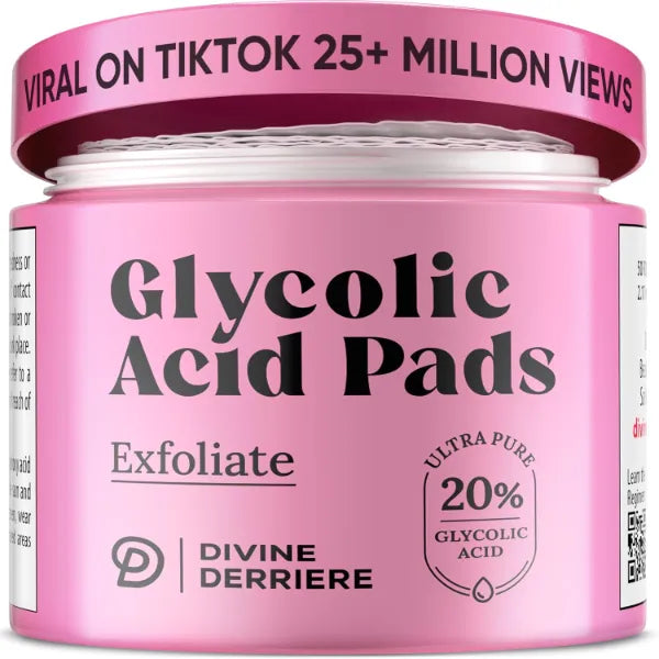 Divine Derriere Glycolic Acid Resurfacing Pads with Vitamin C - Exfoliating Toner Pads with Tea Tree Oil, 20% AHA & Vitamins E, B3, B5, 50 Count