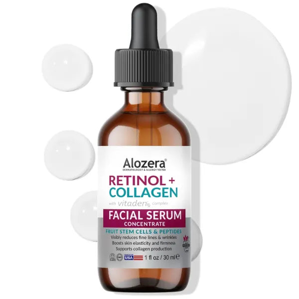 Alozera Retinol Collagen Serum for Face & Neck with Stem Cells & Peptides, Anti-Aging Wrinkle Serum for Firmer, Tighter, Smoother & Renewed Skin, Fast-Absorbing & Non-Greasy, Day/Night Facial Serum, 1 FL Oz