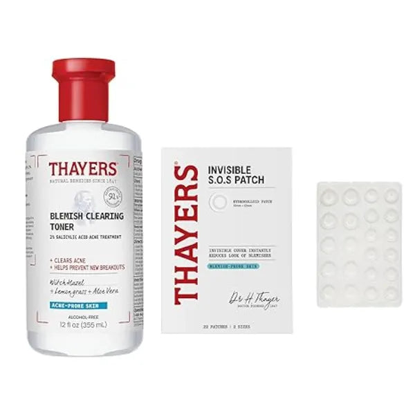 Thayers Blemish Clearing Salicylic Acid Toner, Soothing and Non-Stripping Skin Care,12 Fl Oz + Thayers Invisible S.O.S Hydrocolloid Acne Pimple Patch, Ultra-Thin Design, Set of 22 Pimple Patches