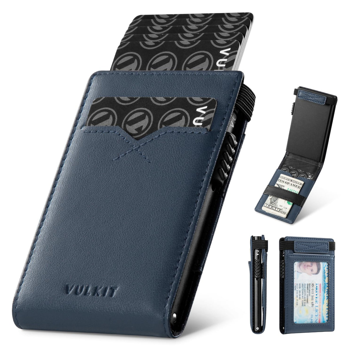 VULKIT Slim Credit Card Holder RFID Blocking Pop Up Card Wallet Minimalist Slim Wallet with Back ID Window Holds 8 Cards - Navy