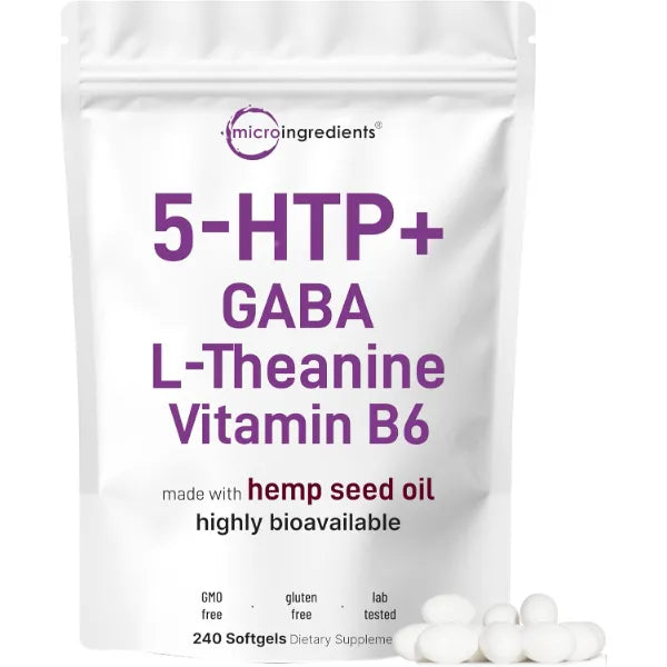 Micro Ingredients 5-HTP 200mg, 240 Softgels | Extra Strength 5-Hydroxytryptophan Complex with GABA, L-Theanine, Vitamin B6 | Highly Bioavailable with Hemp Seed Oil Carrier | Non-GMO