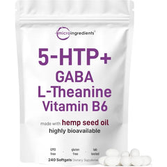 Micro Ingredients 5-HTP 200mg, 240 Softgels | Extra Strength 5-Hydroxytryptophan Complex with GABA, L-Theanine, Vitamin B6 | Highly Bioavailable with Hemp Seed Oil Carrier | Non-GMO