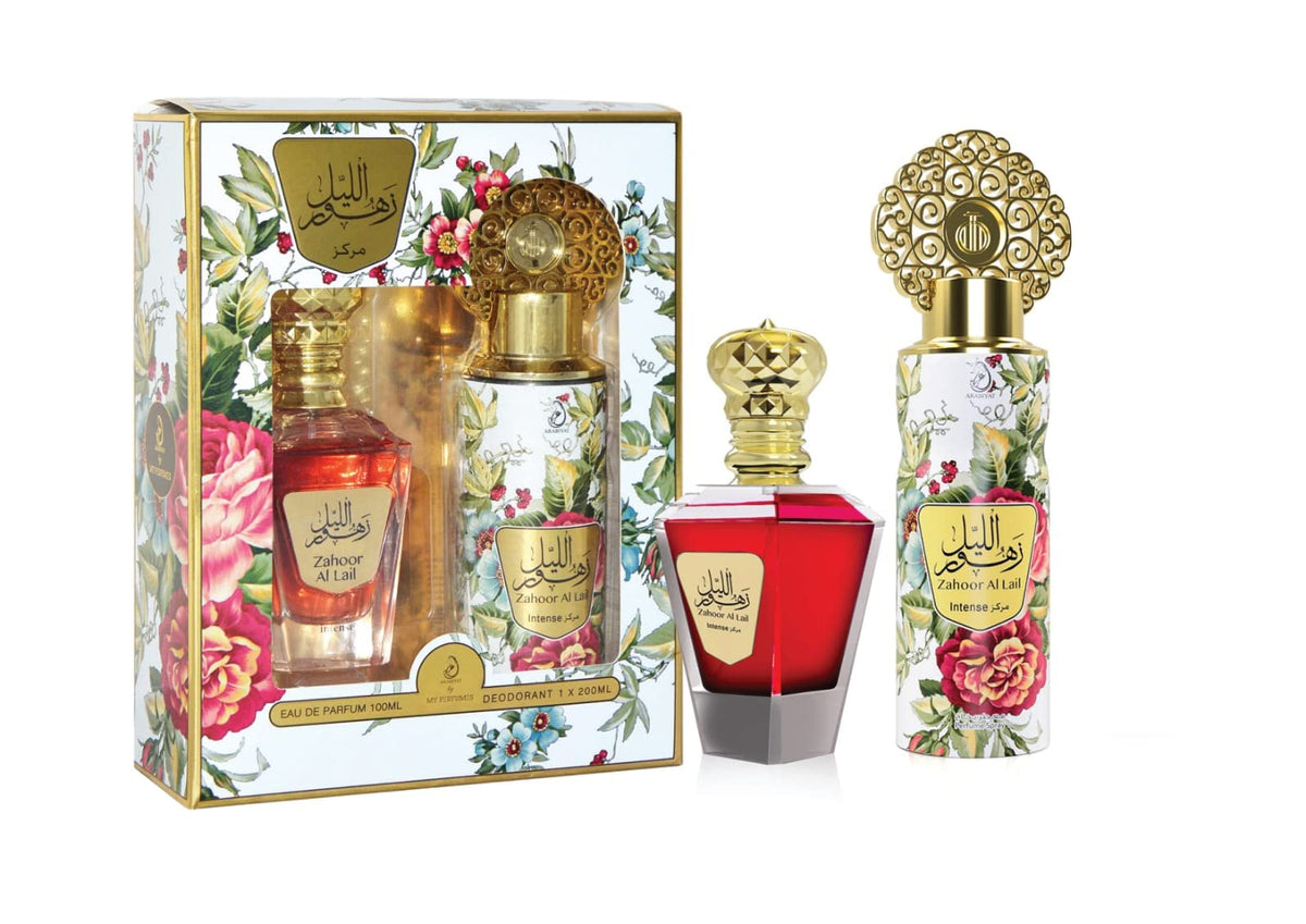 My Perfumes ZAHOOR AL LAIL INTENSE from ARABIYAT 2 Pieces Perfume Gift Set for Unisex, 100 ml Eau De Parfum and 200 ml Perfume Spray