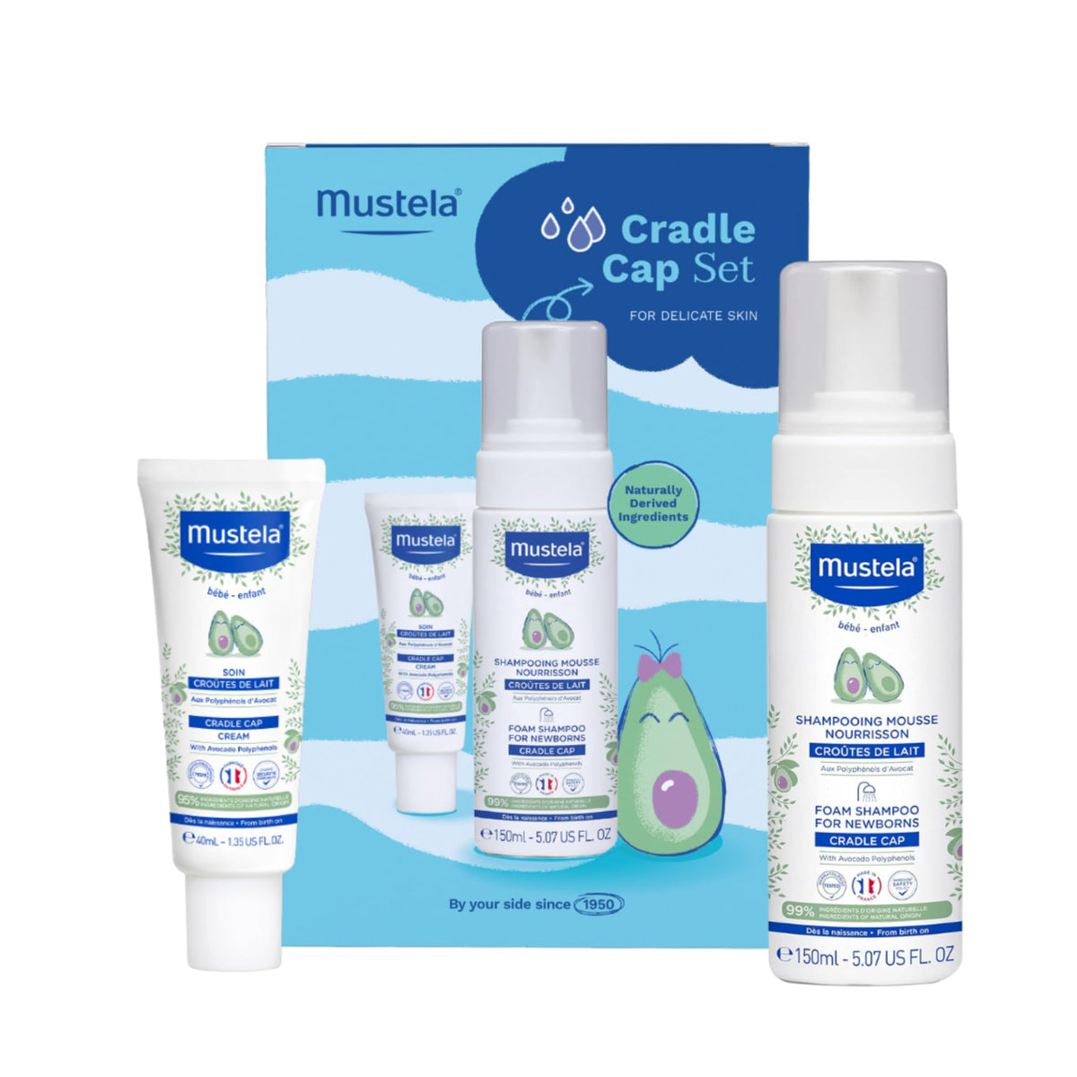 Mustela Cradle Cap Set With Cradle Cap Foam Shampoo and Cream, tear-free, fragrance-free and formulated with natural ingredients.