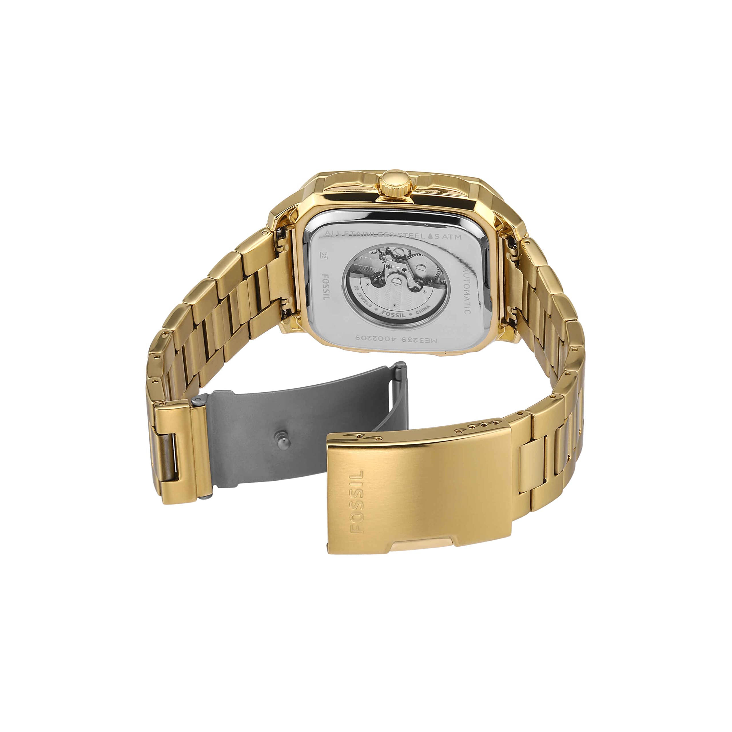 Fossil Inscription Men's Watch with Square Case and Stainless Steel, Silicone or Leather Band Gold Auto