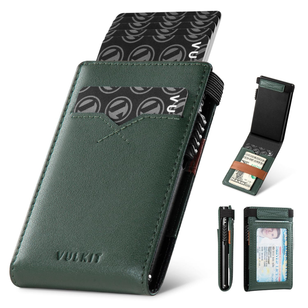 VULKIT Minimalist Wallet with Money Band RFID Wallet for Mens Pop Up Wallet Leather Wallet with ID Window & Elastic Band Closure - Green