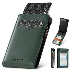 VULKIT Minimalist Wallet with Money Band RFID Wallet for Mens Pop Up Wallet Leather Wallet with ID Window & Elastic Band Closure - Green