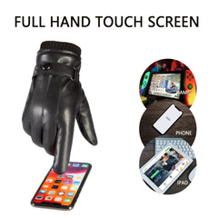 Gloves Winter, Men's Winter Warm Touchscreen Leather Gloves Adjustable Thermal Driving PU Leather Gloves - Black
