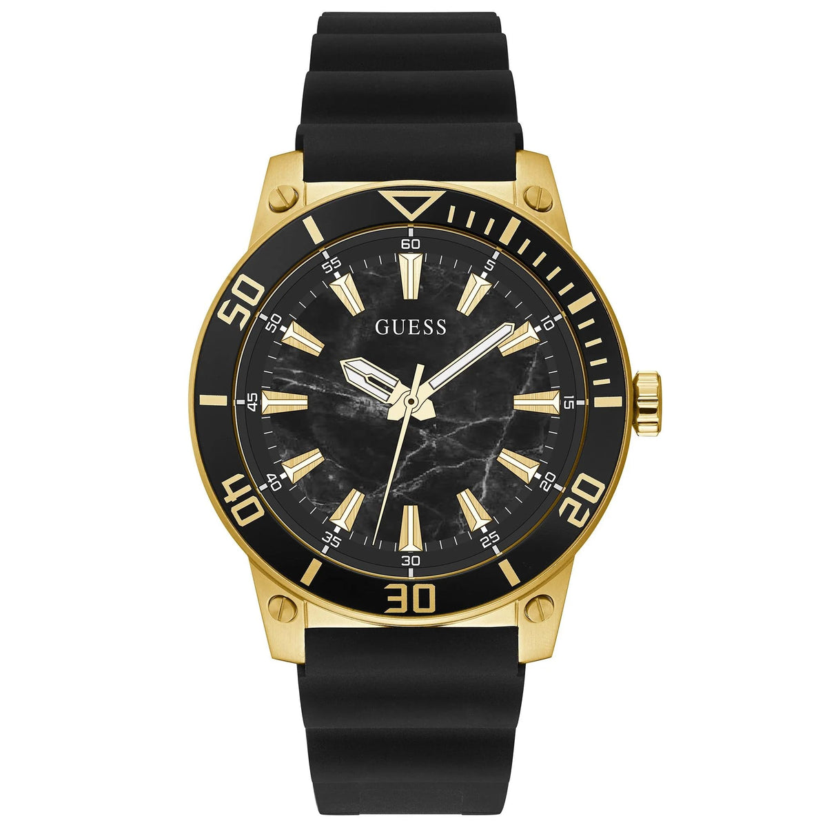 GUESS US Men's Gold-Tone and Black Silicone Analog Watch, one