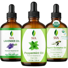 SVA ORGANICS Peppermint, Lavender and Eucalyptus Essential Oil 4 oz Bundle – Premium Grade Value Set for Hair Oiling, Scalp Massage, Hair Care, Skin Care and Body Massage