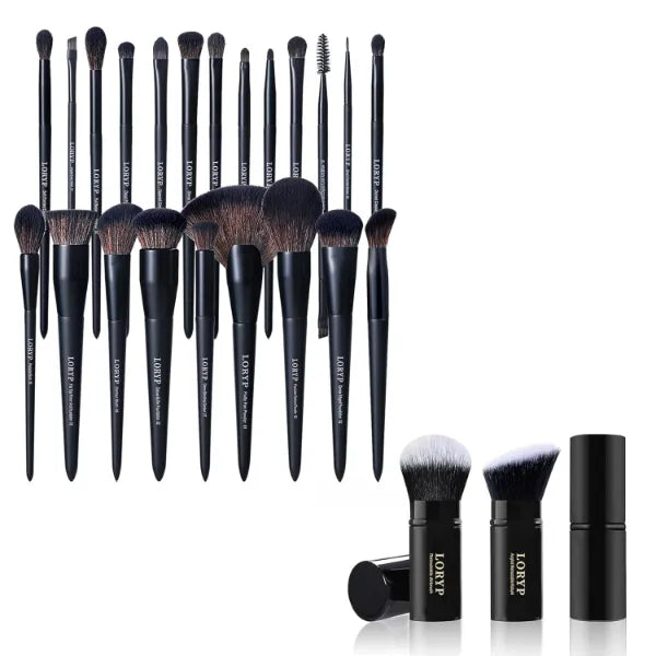 LORYP Retractable Makeup Brush with 21Pcs Powder Blush Foundation Concealer Highlighter Brush Vegan Pro Face and Eye Brush Kit