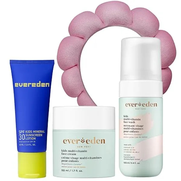 Evereden Kids Skincare Bundle 1-2-3 Routine with Multi Vitamin Face Wash, Cream, SPF 30 & Spa Headband Gentle, Nourishing Skincare & Fun Hair Management for Kids Perfect for Daily Care