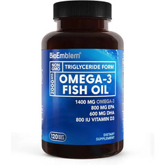 BioEmblem Omega 3 Fish Oil 2000mg Per Serving with Vitamin D3-120 Ct Small Size Softgels, 1400mg Omega 3, 800mg EPA & 600mg DHA, High Absorption For Heart, Brain Sustainably Sourced, Non GMO