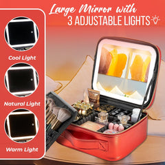 Travel Makeup Bag With Led Light Recargeable Magnifying Vanity mirror with 3 Adusjtable Brightness Mode Waterproof Cosmatic Train Case Cleaning Clothes & Divider RED (makeup bag with led light)