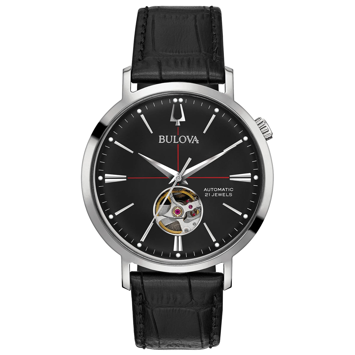 Bulova Men's Classic Aerojet 3-Hand Automatic Leather Strap Watch, Open Aperture, 40-Hour Power Reserve, Double Curved Mineral Crystal, 41mm - Black/ Stainless