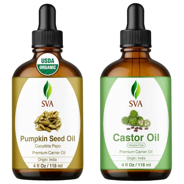 SVA ORGANICS Pumpkin and Castor Oil 4 oz Bundle Super Saver Combo – Premium Grade Value Set for Hair Oiling, Scalp Massage, Hair Care, Skin Care and Body Massage