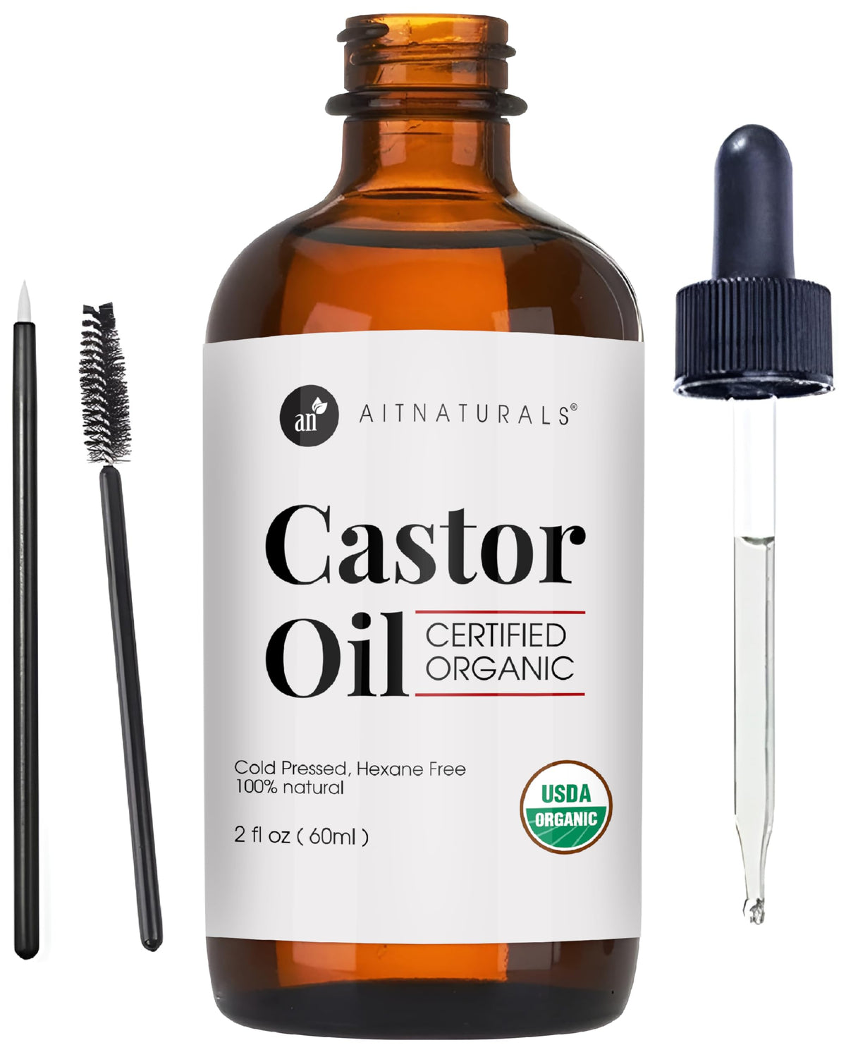 Aitnaturals Organic Castor Oil 60ml Eyelash & Eyebrow Growth Serum | Nourishing Hair, Skin & Nail Treatment | Promotes Hair Growth & Conditions | Cold Pressed & Hexane free | 100% Pure & Hexane-Free