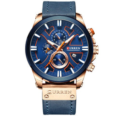 CURREN Mens Watches Luxury Chronograph Big Dial Male Watch Wrist Leather Waterproof Sport Army Military - rose gold blue