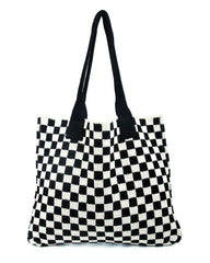 TERRIFI Crocheted Tote Bag for Women, Large Capacity Shopping Bag, Aesthetic Design, Handmade Knitted Hobo Shoulder Bag, Stylish Shopping & Satchel Handbag Black White Grid