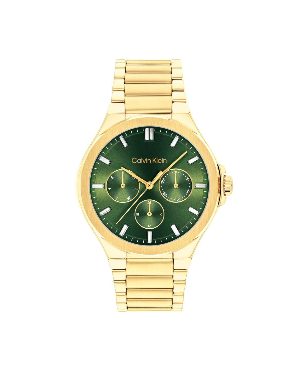 CALVIN KLEIN WOMEN'S GREEN DIAL IONIC PLATED THIN GOLD STEEL BRACELET WATCH - 25100053