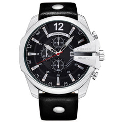 Curren 8176 Leather Round Analog-Chrono With Date Display Black, Silver Watch for Men