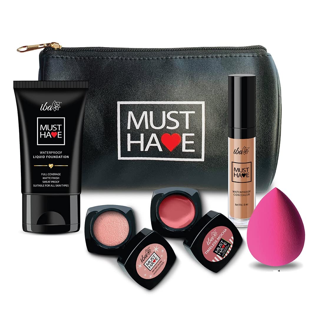 Iba Must Have Makeup Combo (Medium) Full Coverage With Cream Foundation 30ml, Tint 8g, Highlighter 8g, Concealer 8ml, Matte Finish With Free Must have Makeup Pouch and Blender