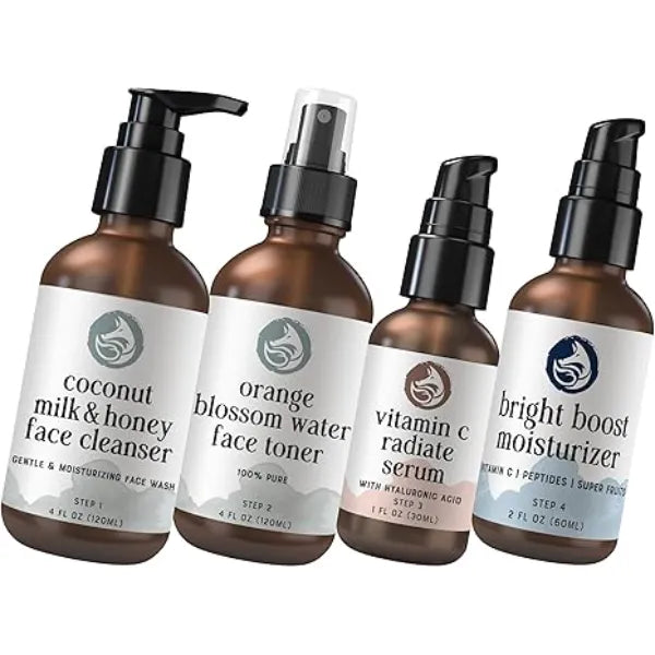 Foxbrim Naturals Radiant Skincare Set Milk & Honey Cleanser, Orange Blossom Toner, Vitamin C Face Serum & Bright Boost Moisturizer