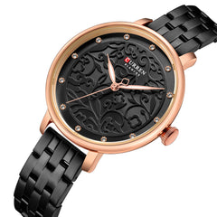 CURREN 9046 Quartz Women Wristwatch Carved Flower Embroidered Style Watch for Ladies Womens Watches with Leatherette PU Strap Stainless Steel Band Waterproof Wearable Accessories - Black