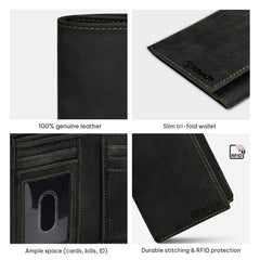 VALENCHI Men's Genuine Leather Rfid Blocking Slim Trifold Wallet With 7 Cards+1 Id Window+2 Note Compartments - Black Oily Hunter