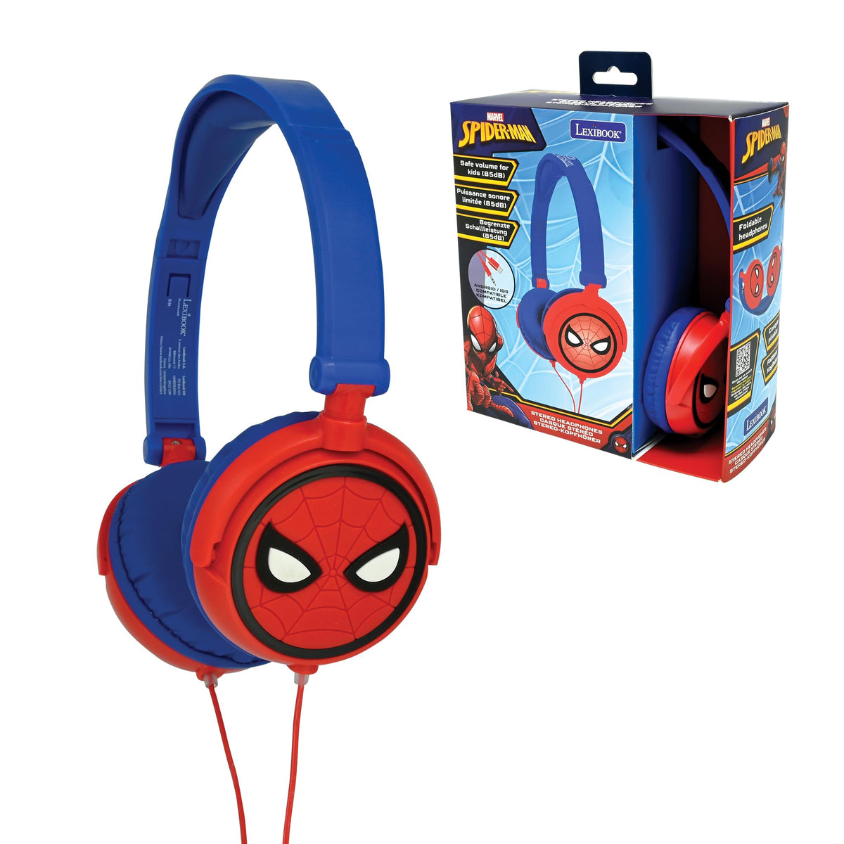 Lexibook Marvel Spider-Man Peter Parker Stereo Headphones, Safe for Kids, Foldable and Adjustable, Red/Blue, HP010SP