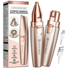 Rechargeable Eyebrow Trimmer & Facial Hair Remover for Women, 2 IN 1 Eyebrow Razor and Flawless Hair Remover, Eyebrow Lips Nose Body Facial Hair Removal for Women with Built-in LED Light (Rose Gold)