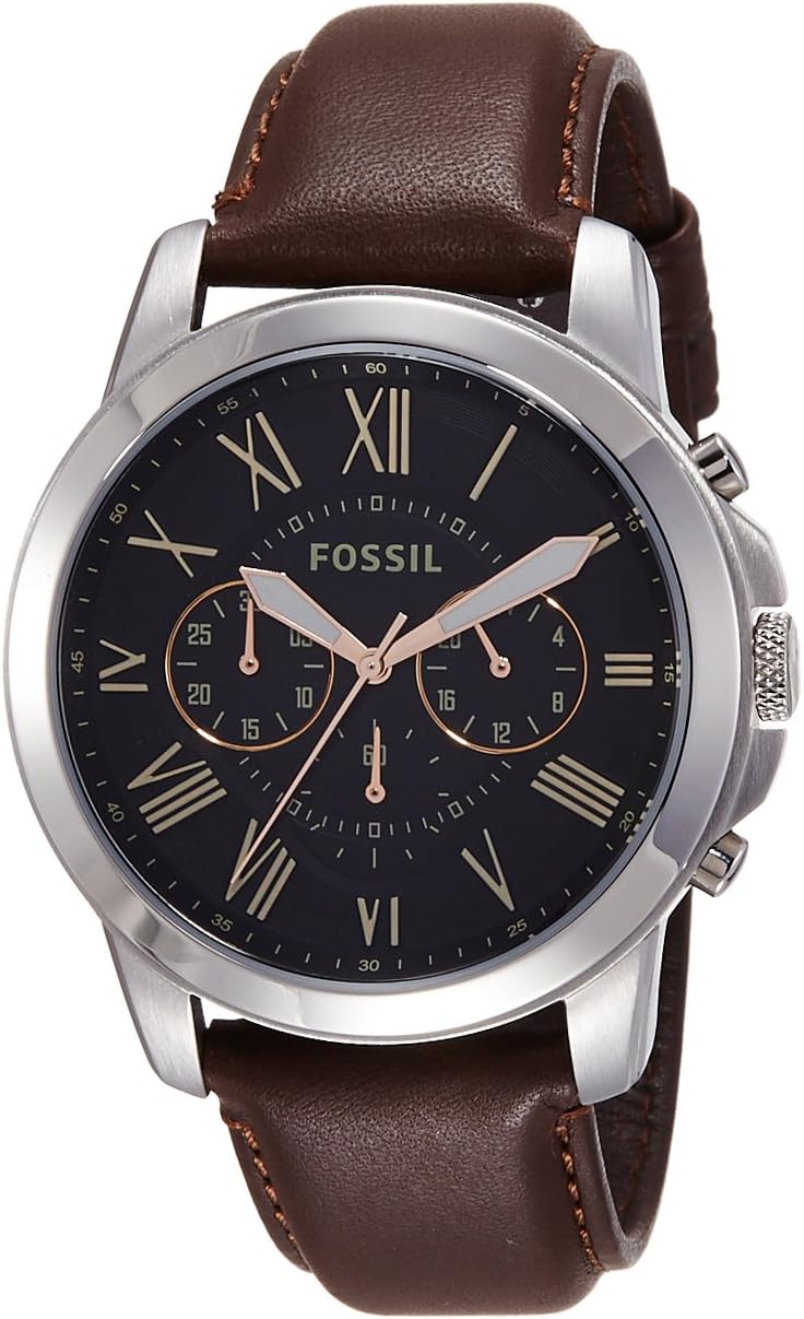 Fossil Leather Mens Quartz Watch Black Gold Brown