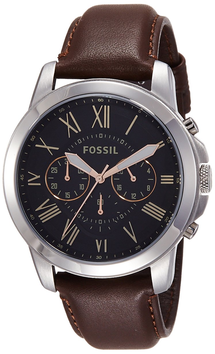 Fossil Leather Mens Quartz Watch Black&Gold/Brown