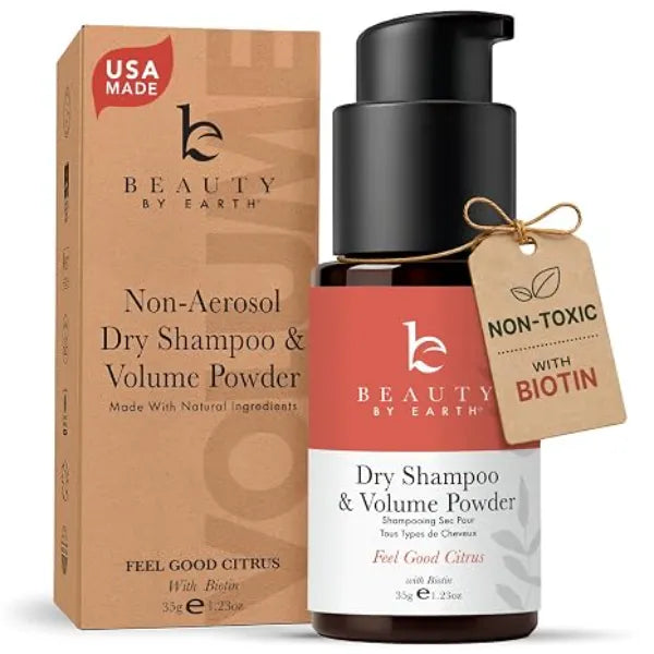Beauty by Earth Non Aerosol Dry Shampoo Powder USA Made with Natural, Organic Ingredients Volumizing & Oil Absorbing, Non Toxic with Biotin
