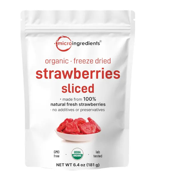 Micro Ingredients Organic Strawberries Sliced, 6.4oz | 100% Natural Fruit | Freeze Dried Strawberry Source | No Sugar & Additives | Healthy Snack & Topping for Beverages or Recipes | Non-GMO, Vegan