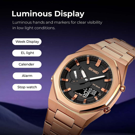 SKMEI Men Watch Dual-Display Electronic Watch with Luminous 50m Waterproof Watch Fashion multifunctional Sports Watch for Men- 1816 - Rose Gold Black