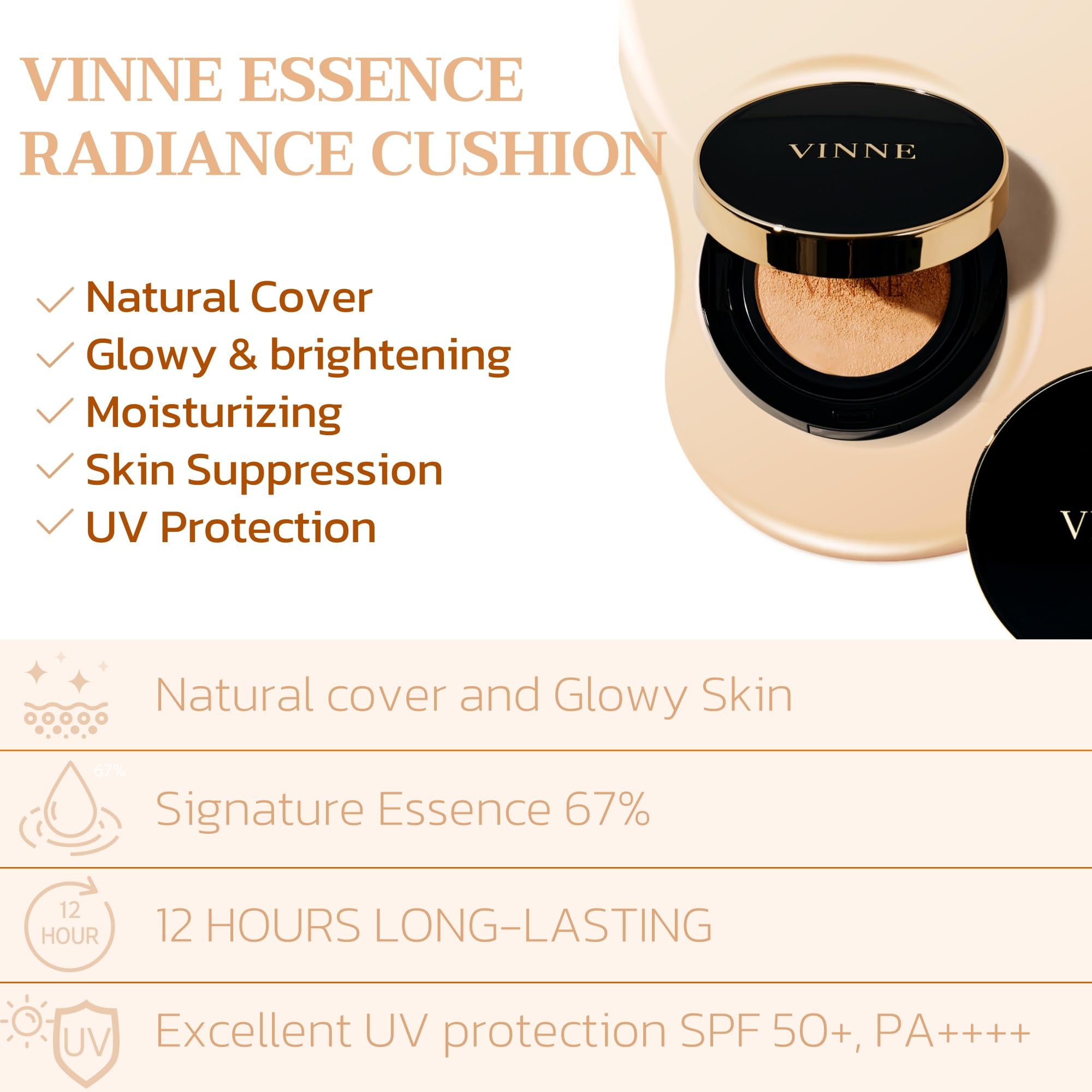 VINNE Korean Cushion Foundation, Lightweight, Essence Makeup Natural and Dewy Finish, 12-Hour Lasting Effect, 0.42 Oz- #21 Light Beige (Refill Not Included)